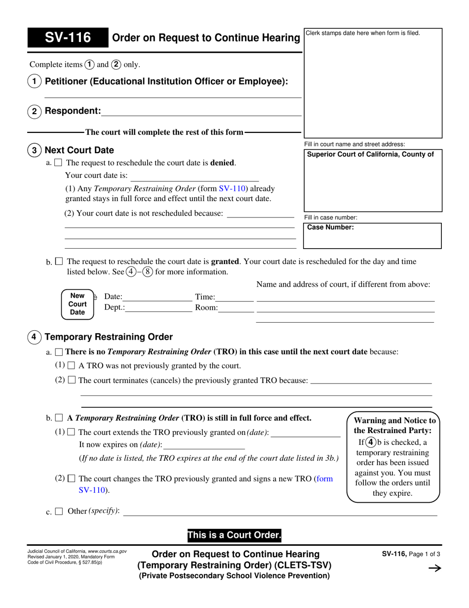 Form SV-116 Order on Request to Continue Hearing (Temporary Restraining Order) (Clets-Tsv) (Private Postsecondary School Violence Prevention) - California, Page 1