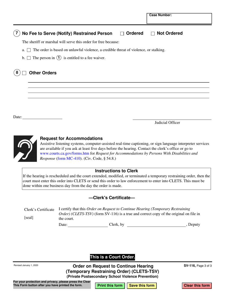 Form SV-116 Order on Request to Continue Hearing (Temporary Restraining Order) (Clets-Tsv) (Private Postsecondary School Violence Prevention) - California, Page 3