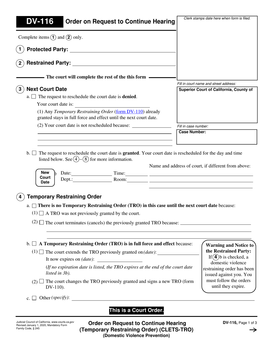 Form DV-116 Order on Request to Continue Hearing - California, Page 1