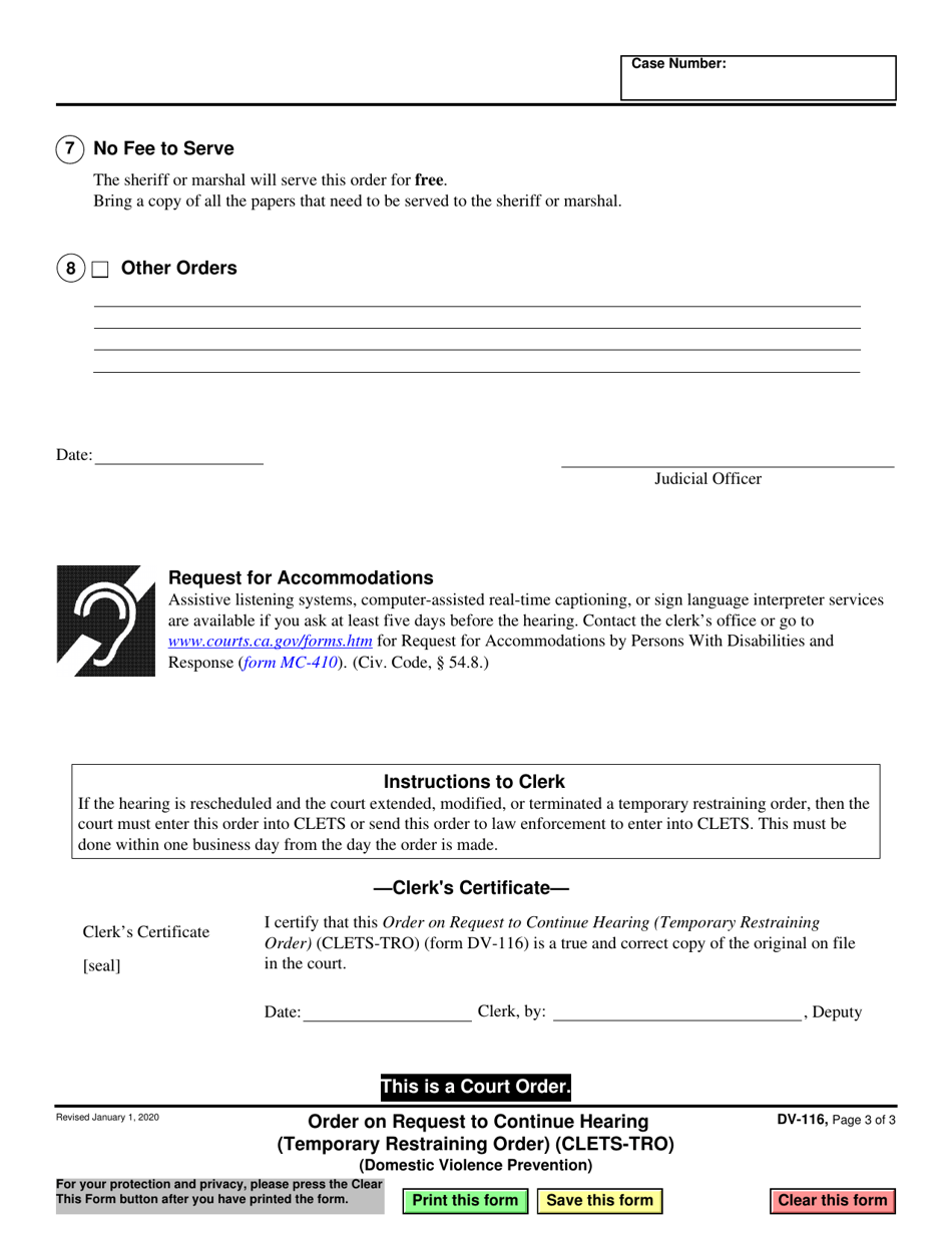 Form DV-116 Order on Request to Continue Hearing - California, Page 3