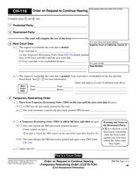Document preview: Form CH-116 Order on Request to Continue Hearing (Temporary Restraining Order) (Clets-Tch) (Civil Harassment Prevention) - California