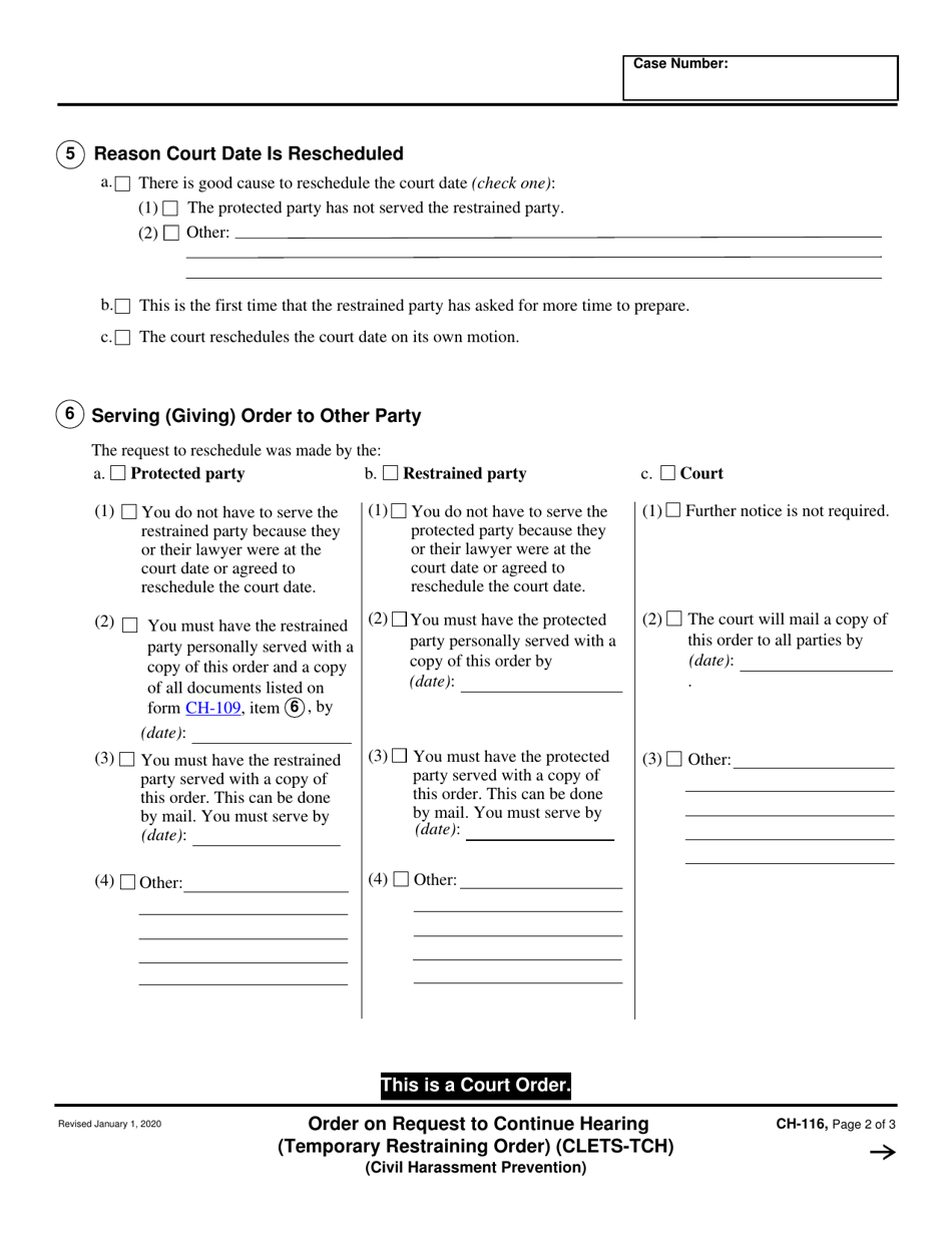 Form CH-116 Order on Request to Continue Hearing (Temporary Restraining Order) (Clets-Tch) (Civil Harassment Prevention) - California, Page 2