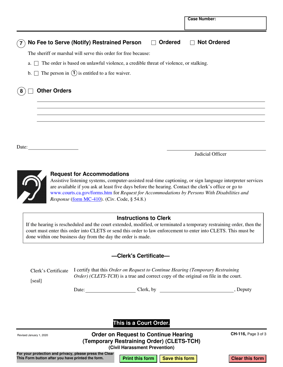 Form CH-116 Order on Request to Continue Hearing (Temporary Restraining Order) (Clets-Tch) (Civil Harassment Prevention) - California, Page 3