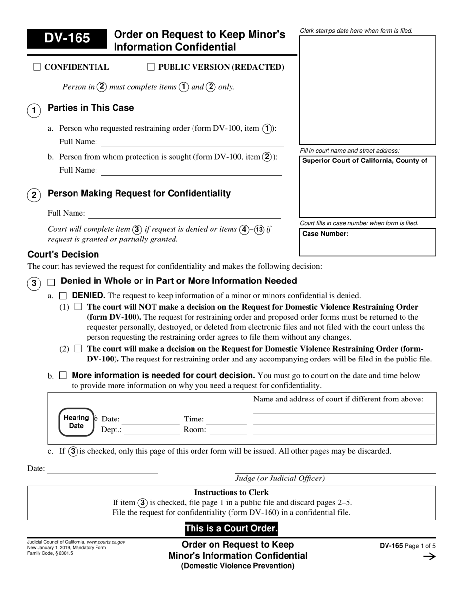 Form DV-165 Order on Request to Keep Minors Information Confidential (Domestic Violence Prevention) - California, Page 1