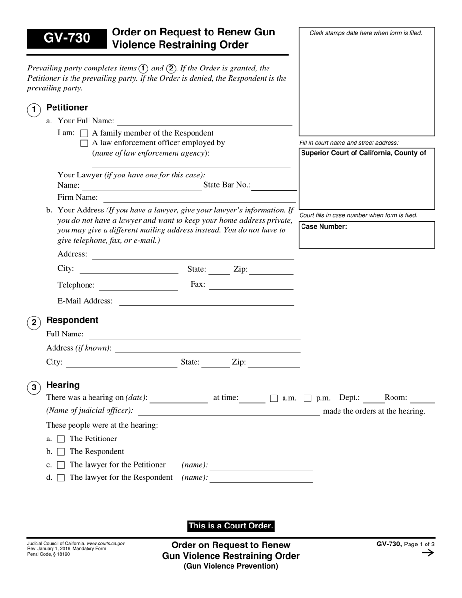 Form GV-730 Order on Request to Renew Gun Violence Restraining Order - California, Page 1