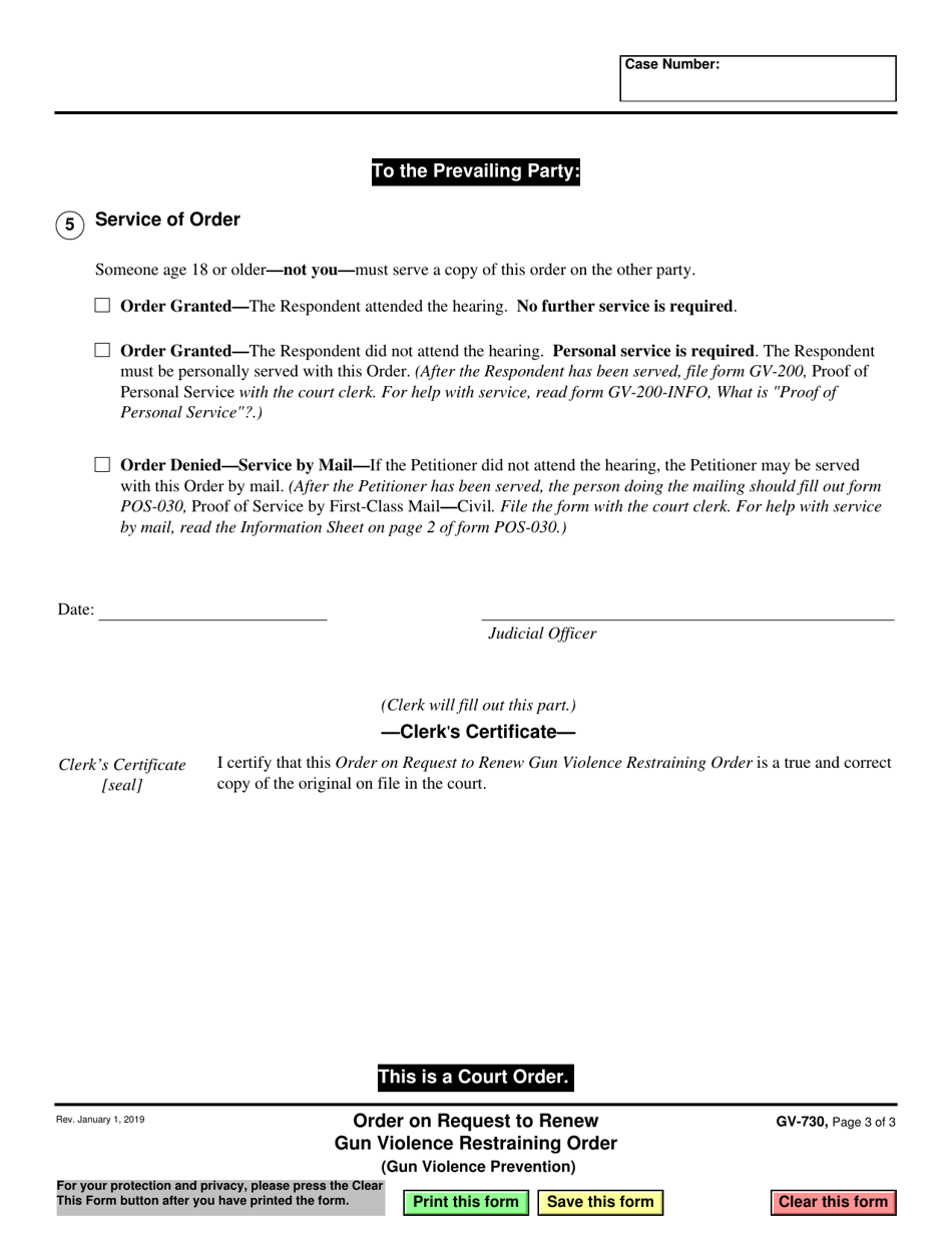 Form GV-730 Order on Request to Renew Gun Violence Restraining Order - California, Page 3