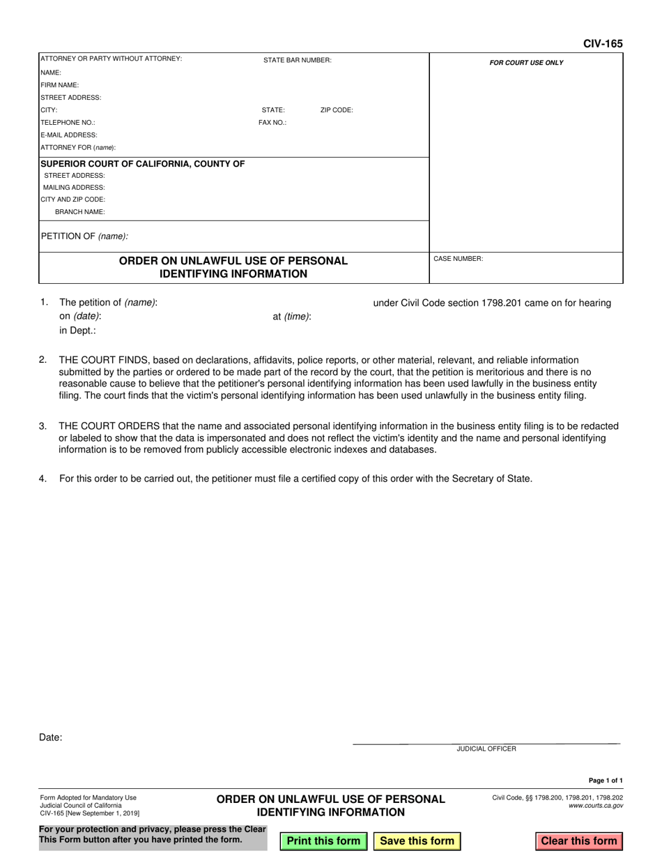 Form CIV-165 Order on Unlawful Use of Personal Identifying Information - California, Page 1