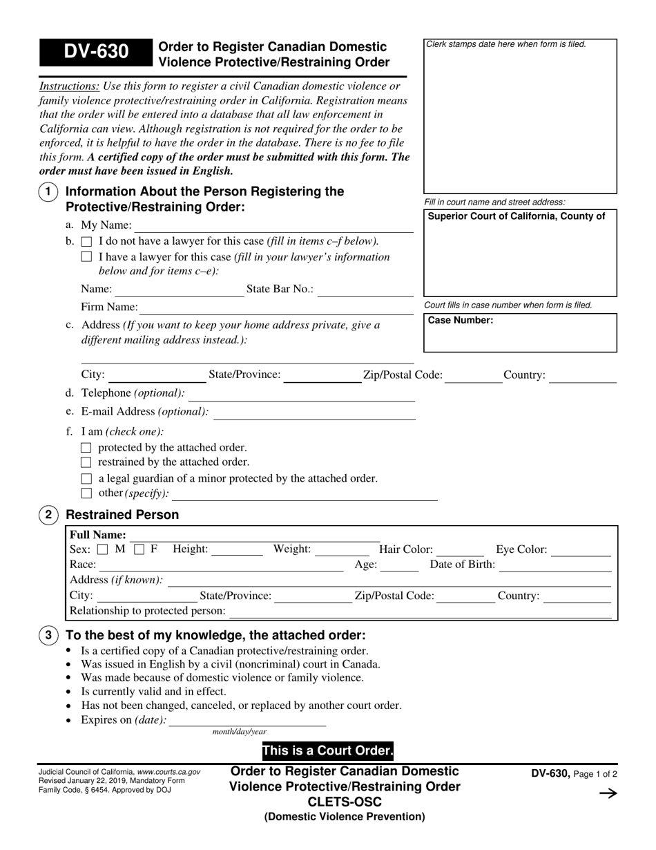 Form DV-630 Order to Register Canadian Domestic Violence Protective / Restraining Order - California, Page 1