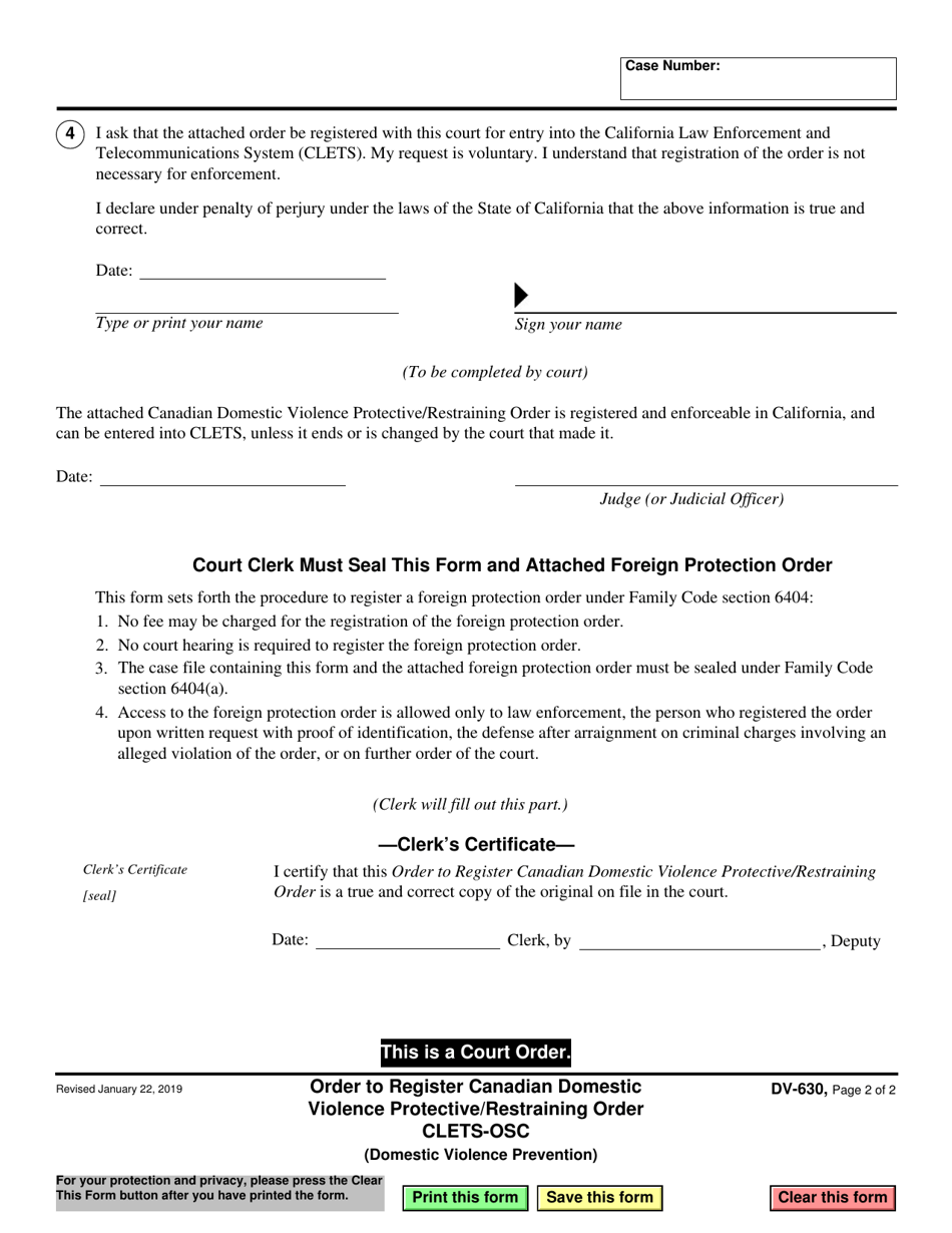 Form DV-630 Order to Register Canadian Domestic Violence Protective / Restraining Order - California, Page 2