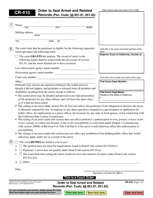 Form CR-410 Order to Seal Arrest and Related Records (Pen. Code, Sections 851.91, 851.92) - California