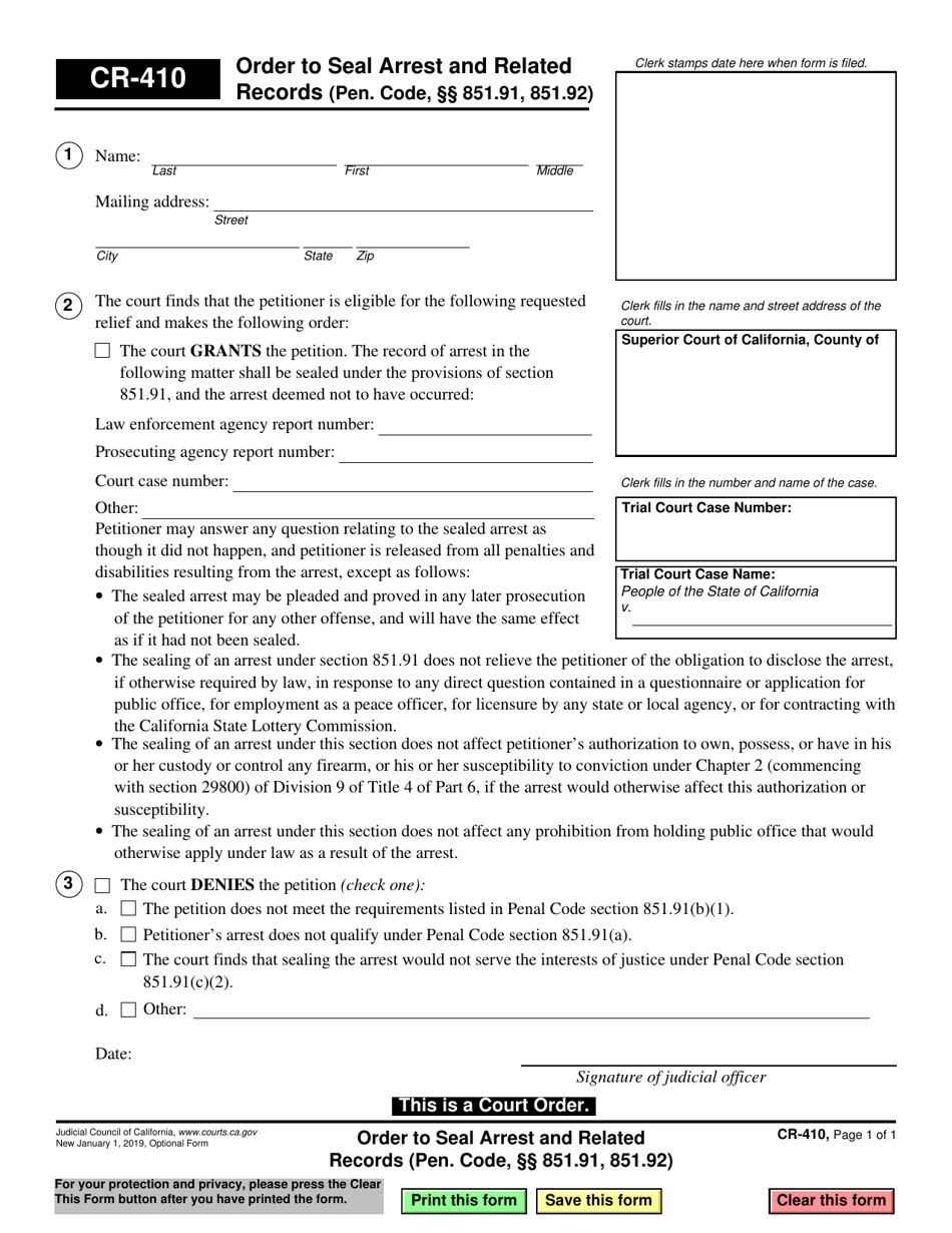 Form CR-410 Order to Seal Arrest and Related Records (Pen. Code, Sections 851.91, 851.92) - California, Page 1