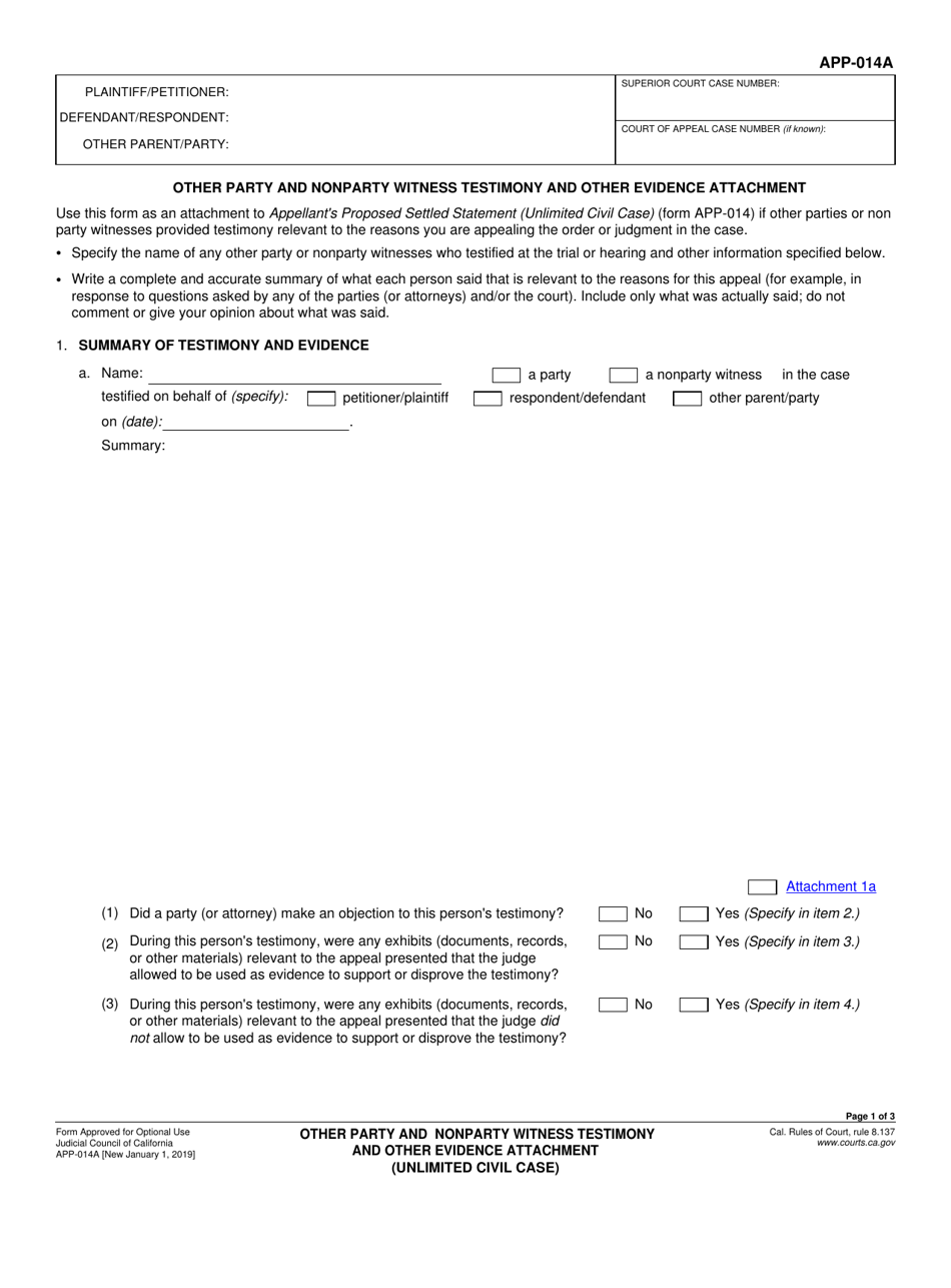 Form APP-014A Other Party and Nonparty Witness Testimony and Other Evidence Attachment (Unlimited Civil Case) - California, Page 1