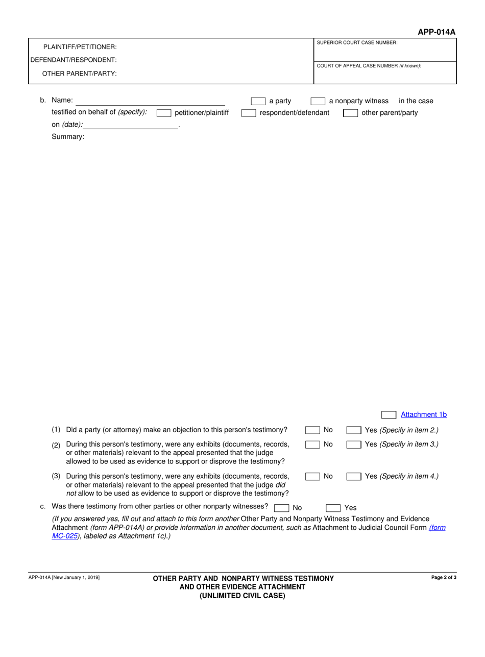 Form APP-014A Other Party and Nonparty Witness Testimony and Other Evidence Attachment (Unlimited Civil Case) - California, Page 2