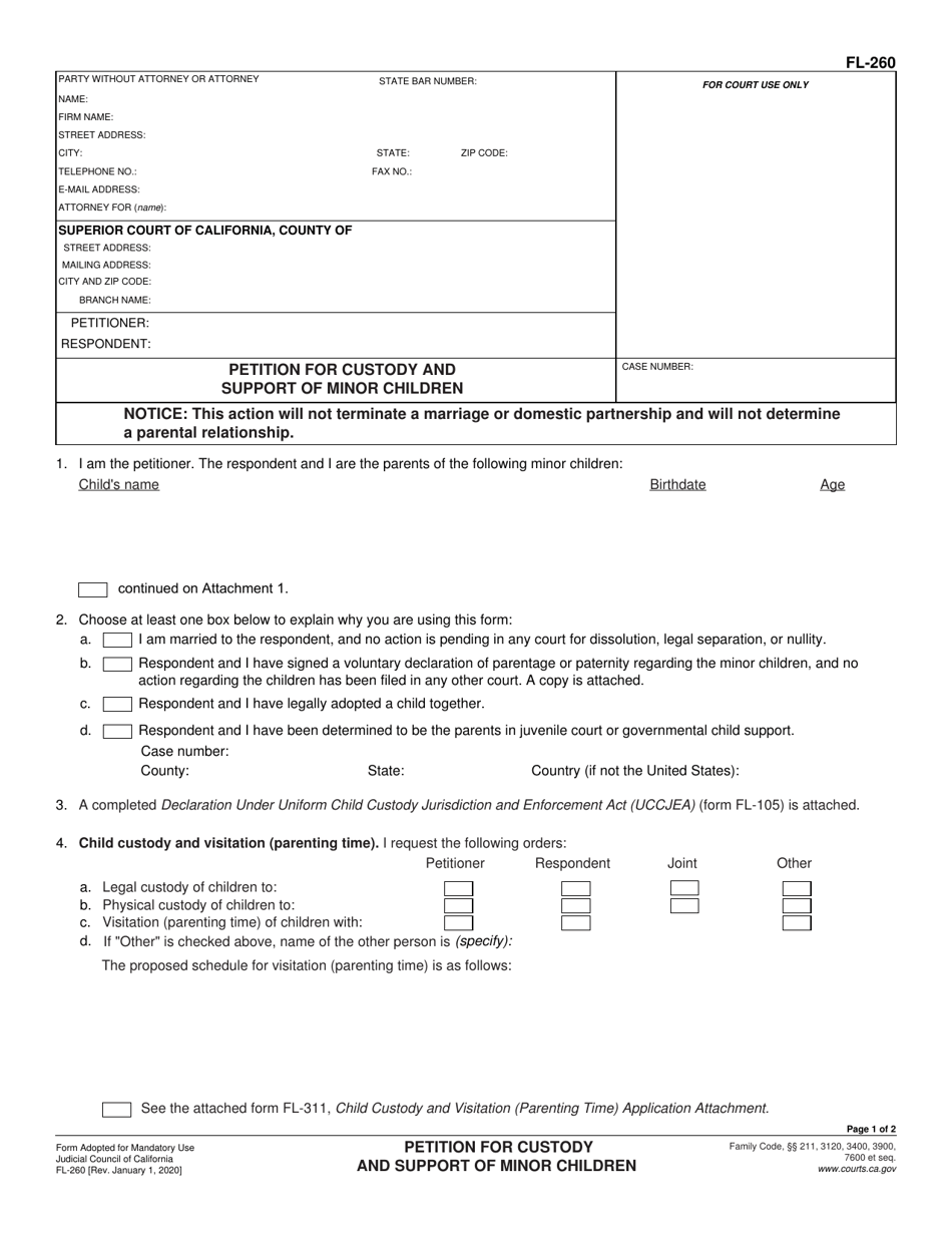Form FL-260 Petition for Custody and Support of Minor Children - California, Page 1