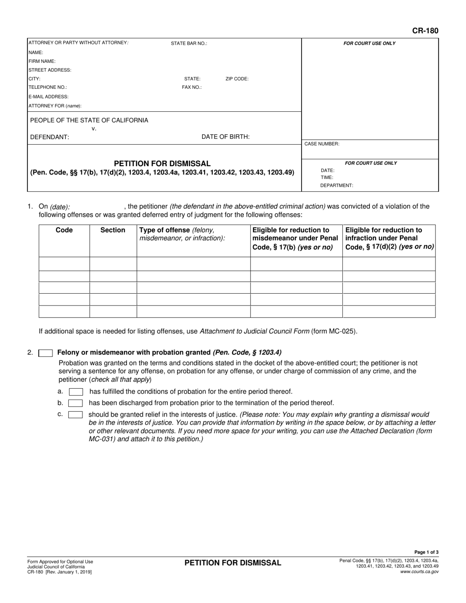 Form CR-180 Petition for Dismissal - California, Page 1