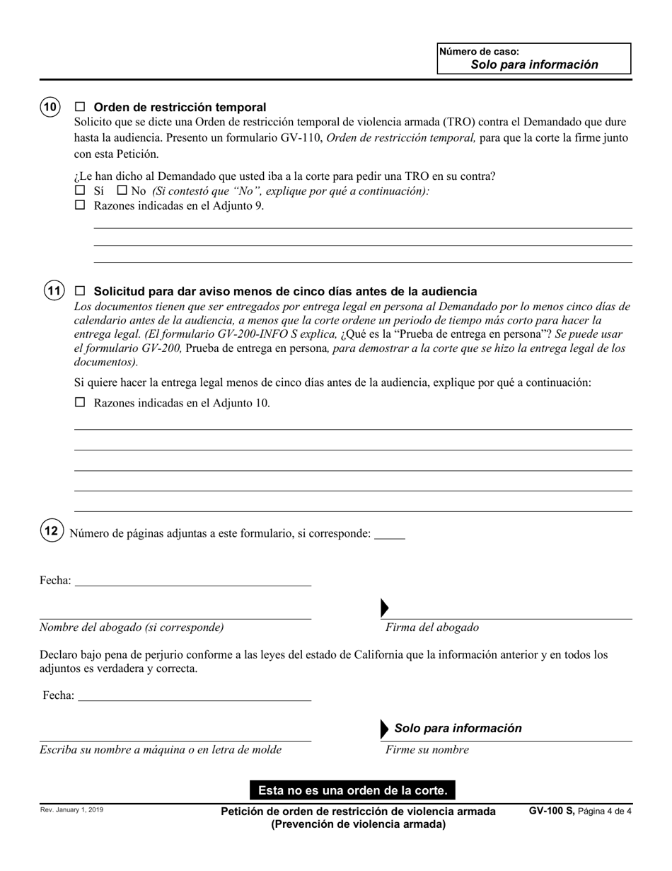 Formulario GV-100 S Peticion De Orden De Restriccion De Violencia Armada - California (Spanish), Page 4