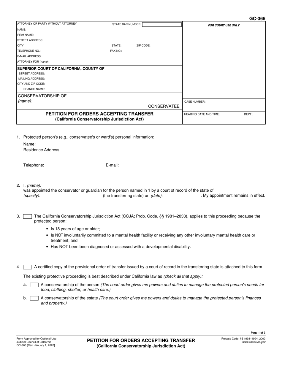 Form GC-366 Petition for Orders Accepting Transfer (California Conservatorship Jurisdiction Act) - California, Page 1