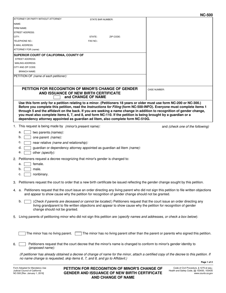 Form NC-500 Petition for Recognition of Minors Change of Gender and Issuance of New Birth Certificate - California, Page 1