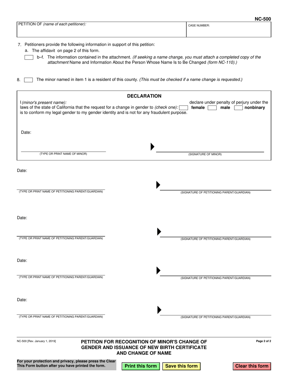 Form NC-500 Petition for Recognition of Minors Change of Gender and Issuance of New Birth Certificate - California, Page 2