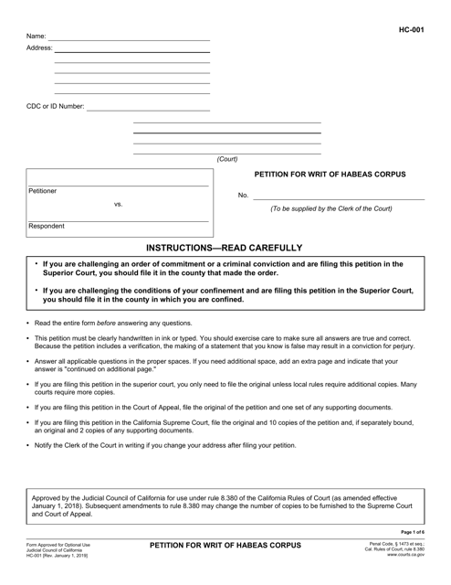 Form HC-001 Petition for Writ of Habeas Corpus - California