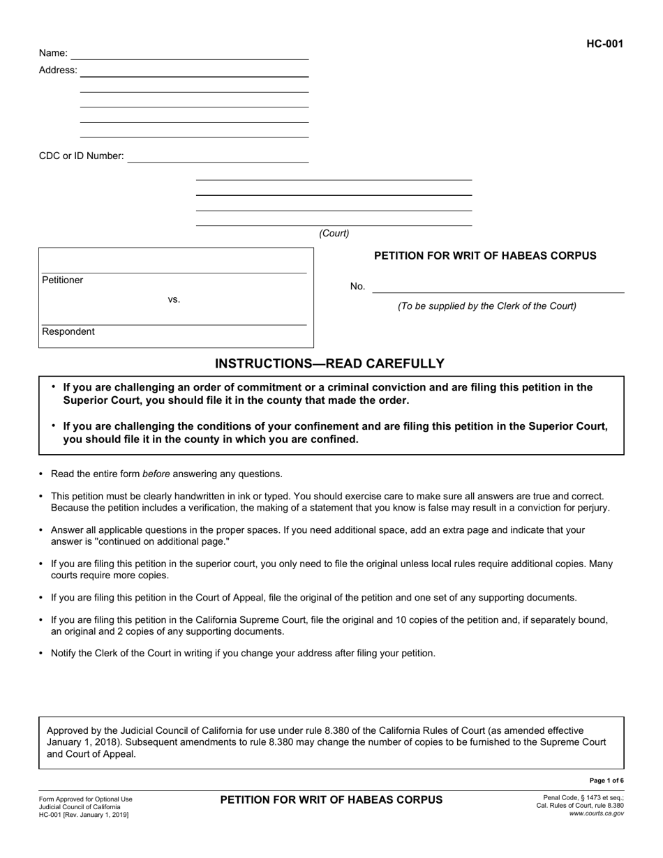 Form HC-001 Petition for Writ of Habeas Corpus - California, Page 1