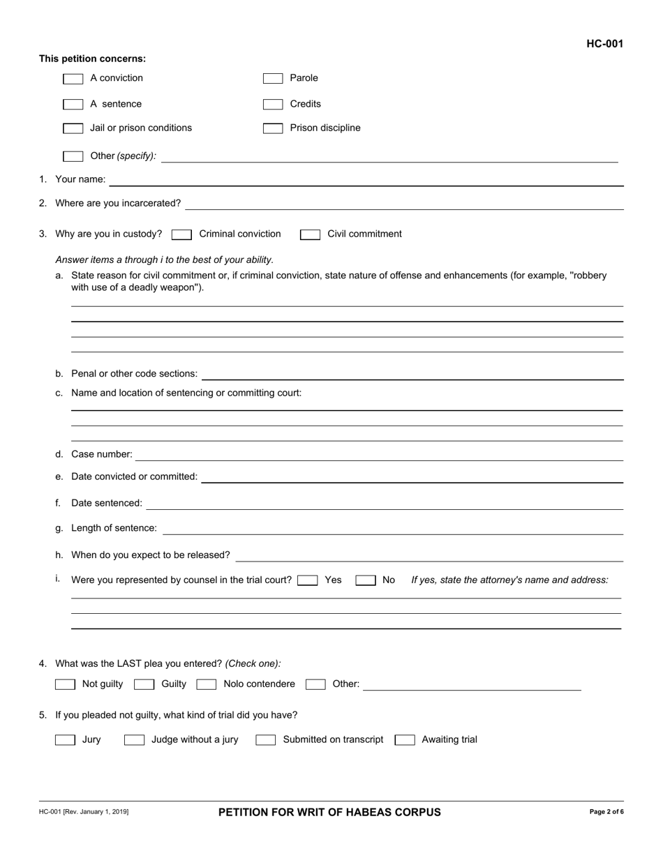 Form HC-001 Petition for Writ of Habeas Corpus - California, Page 2