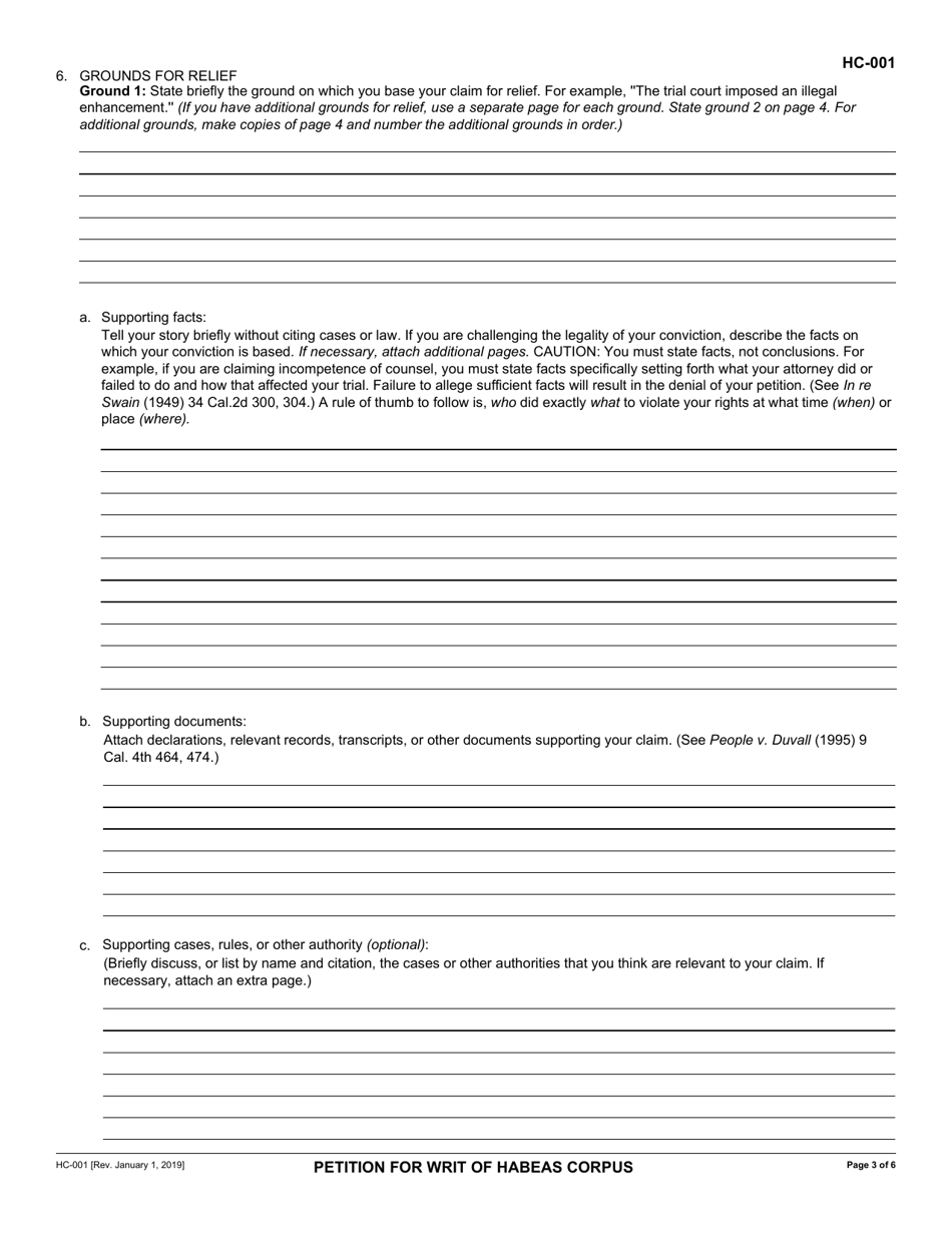 Form HC-001 Petition for Writ of Habeas Corpus - California, Page 3