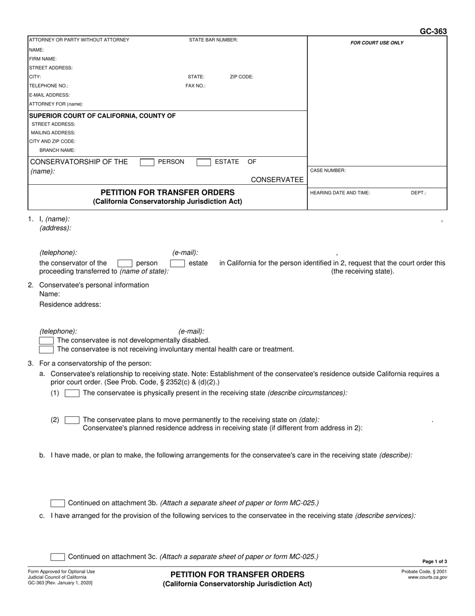 Form GC-363 Petition for Transfer Orders (California Conservatorship Jurisdiction Act) - California, Page 1