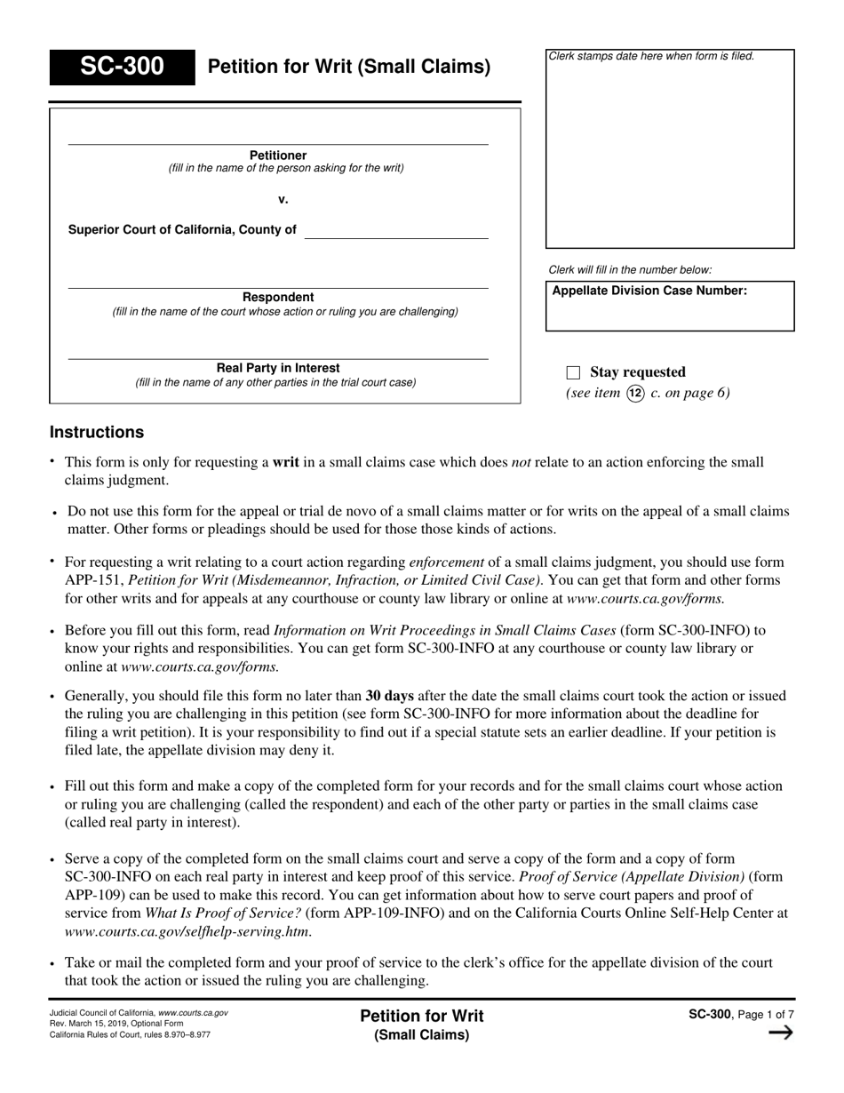 Form SC-300 Petition for Writ (Small Claims) - California, Page 1