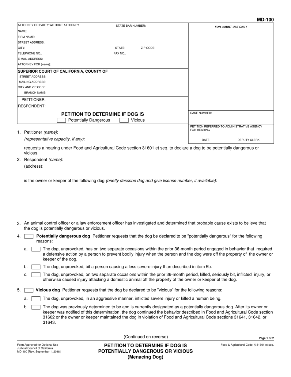 Form MD-100 Petition to Determine if Dog Is Potentially Dangerous or Vicious - California, Page 1