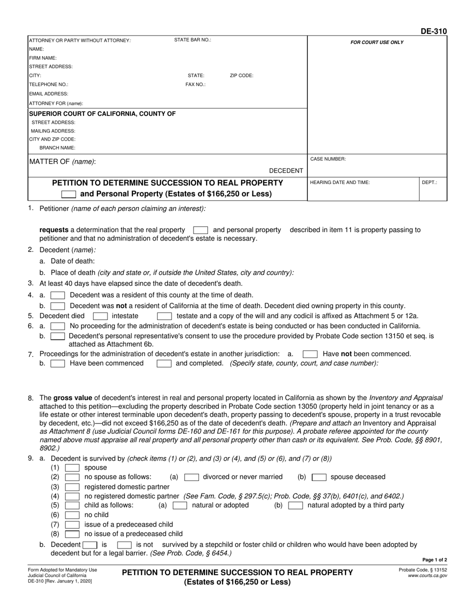 Form DE-310 Petition to Determine Succession to Real Property (Estates of $166,250 or Less) - California, Page 1