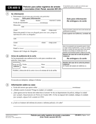 Document preview: Formulario CR-409 S Peticion Para Sellar Registros De Arresto Y Asociados - California (Spanish)