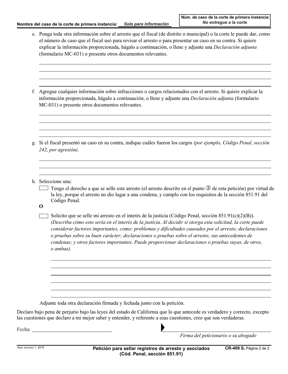 Formulario CR-409 S Peticion Para Sellar Registros De Arresto Y Asociados - California (Spanish), Page 2