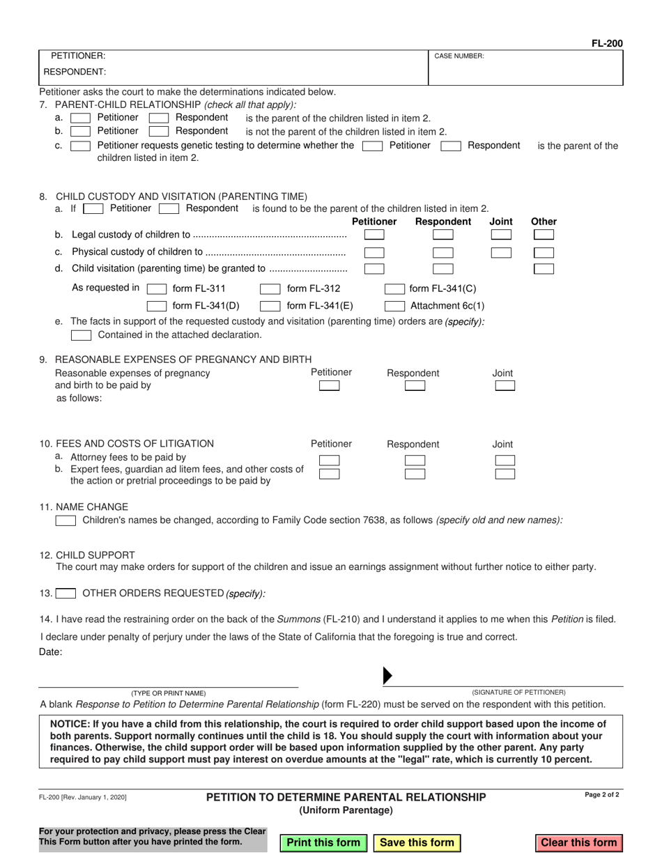Form FL-200 Petition to Determine Parental Relationship (Uniform Parentage) - California, Page 2