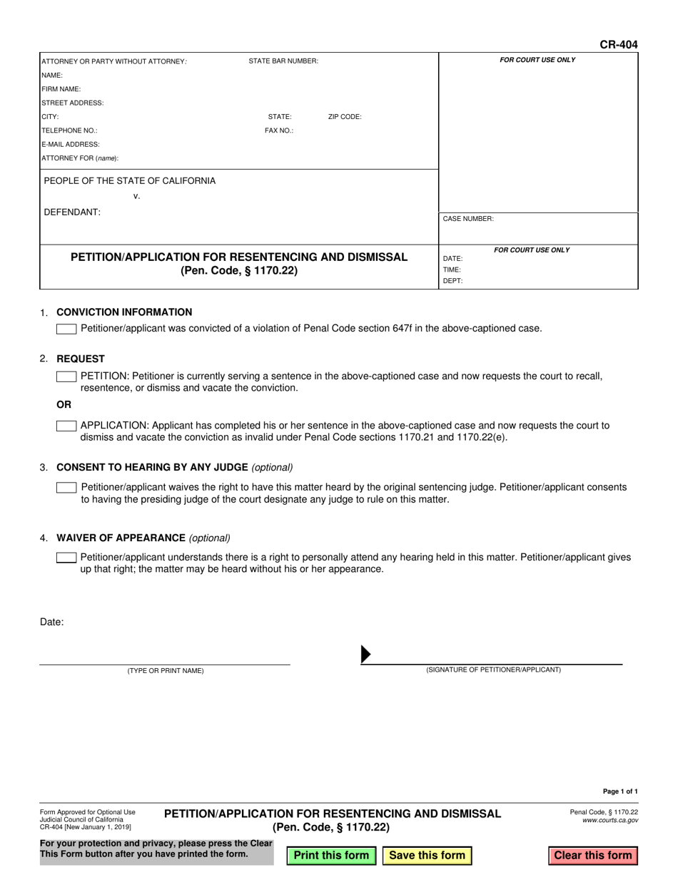 Form CR-404 Petition / Application for Resentencing and Dismissal - California, Page 1