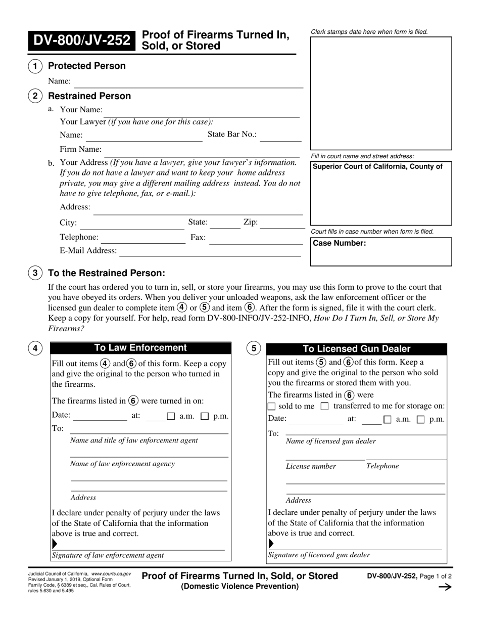 Form DV-800 (JV-252) Proof of Firearms Turned in, Sold, or Stored - California, Page 1
