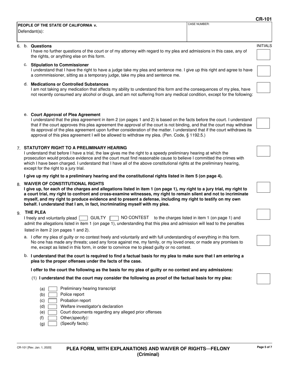 Form CR-101 Plea Form, With Explanations and Waiver of Rights - Felony (Criminal) - California, Page 5