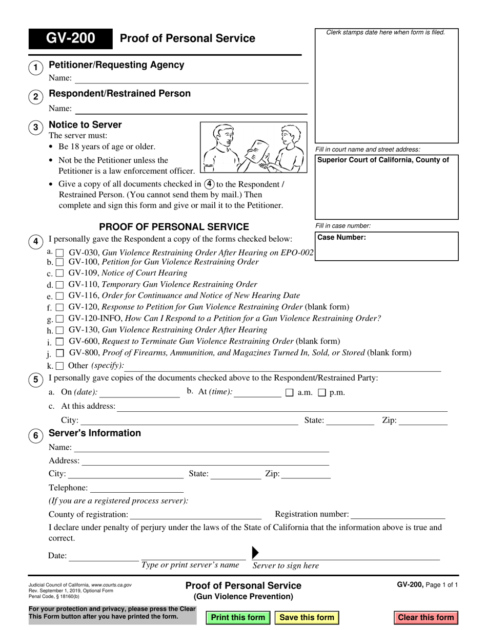 Form GV-200 Proof of Personal Service - California, Page 1