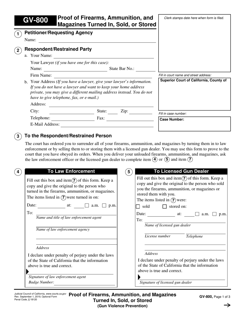 Form GV-800 Proof of Firearms, Ammunition, and Magazines Turned in, Sold, or Stored - California, Page 1