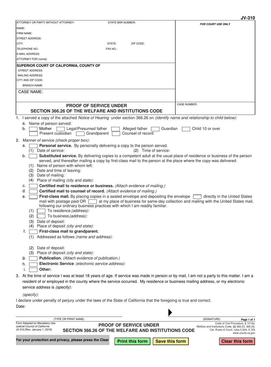 Form JV-310 Proof of Service Under Section 366.26 of the Welfare and Institutions Code - California, Page 1