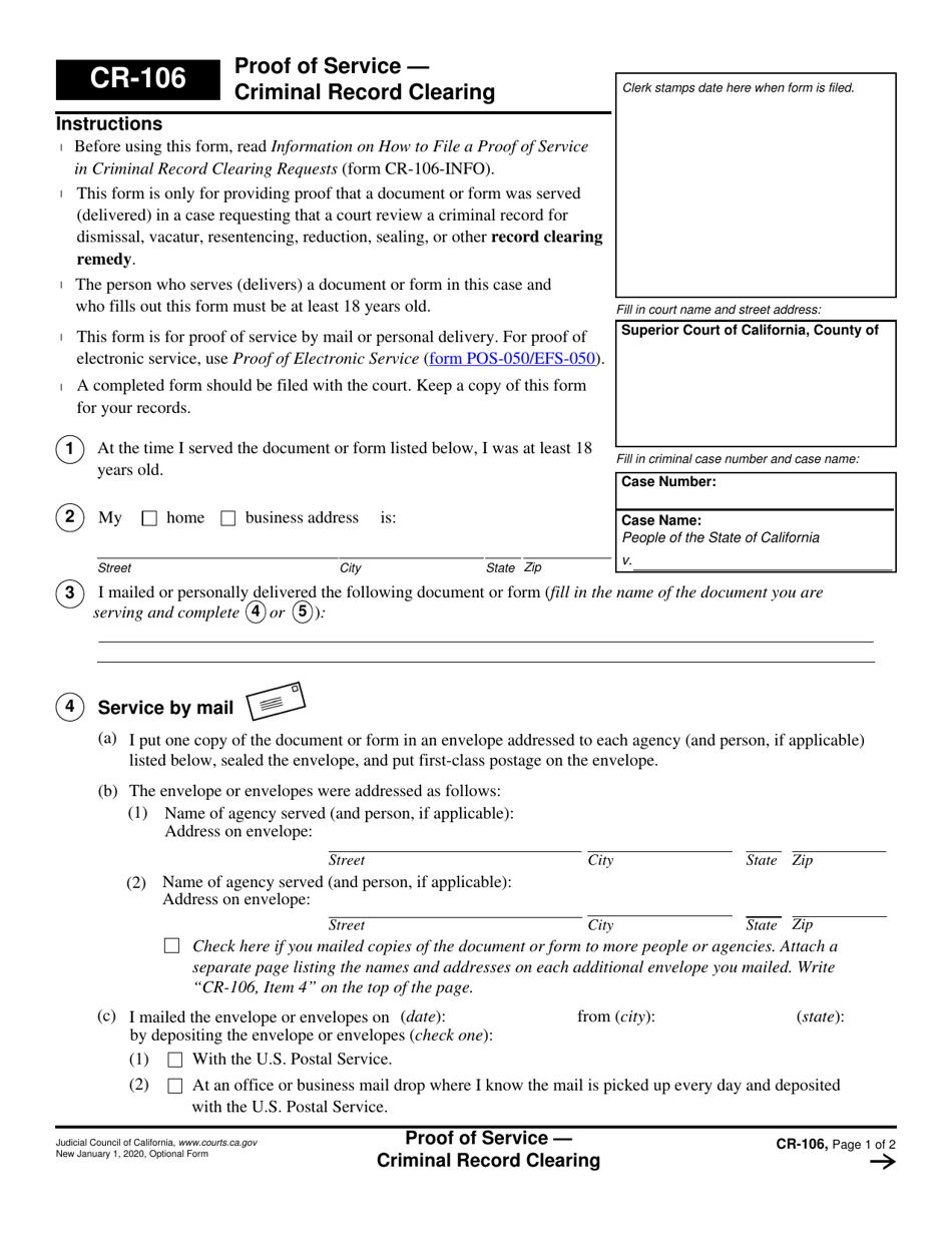 Form CR-106 Proof of Service - Criminal Record Clearing - California, Page 1