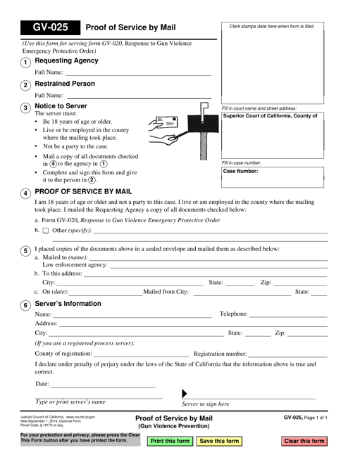 Form GV-025 Proof of Service by Mail (Gun Violence Prevention) - California