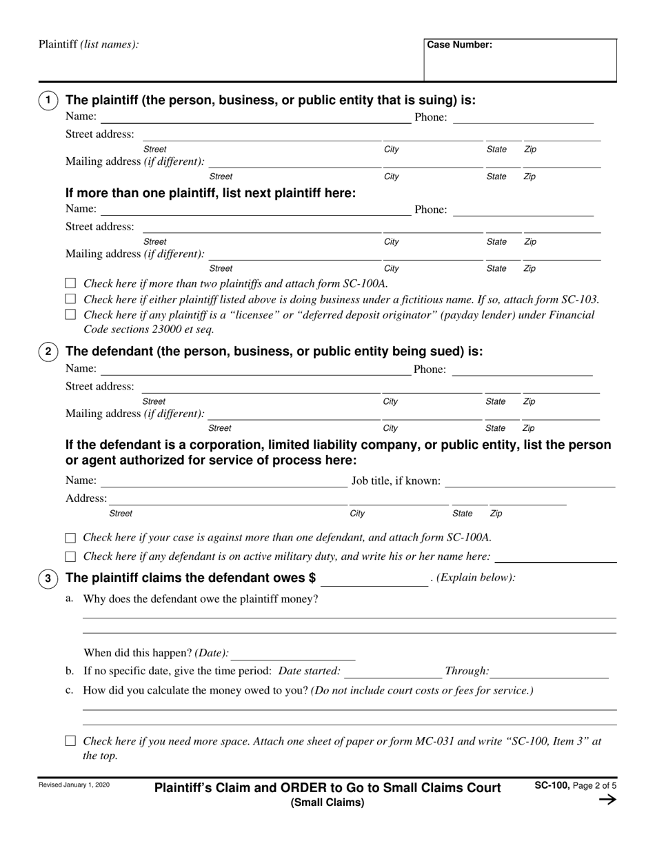 Form SC-100 Plaintiffs Claim and Order to Go to Small Claims Court - California (English / Spanish), Page 2