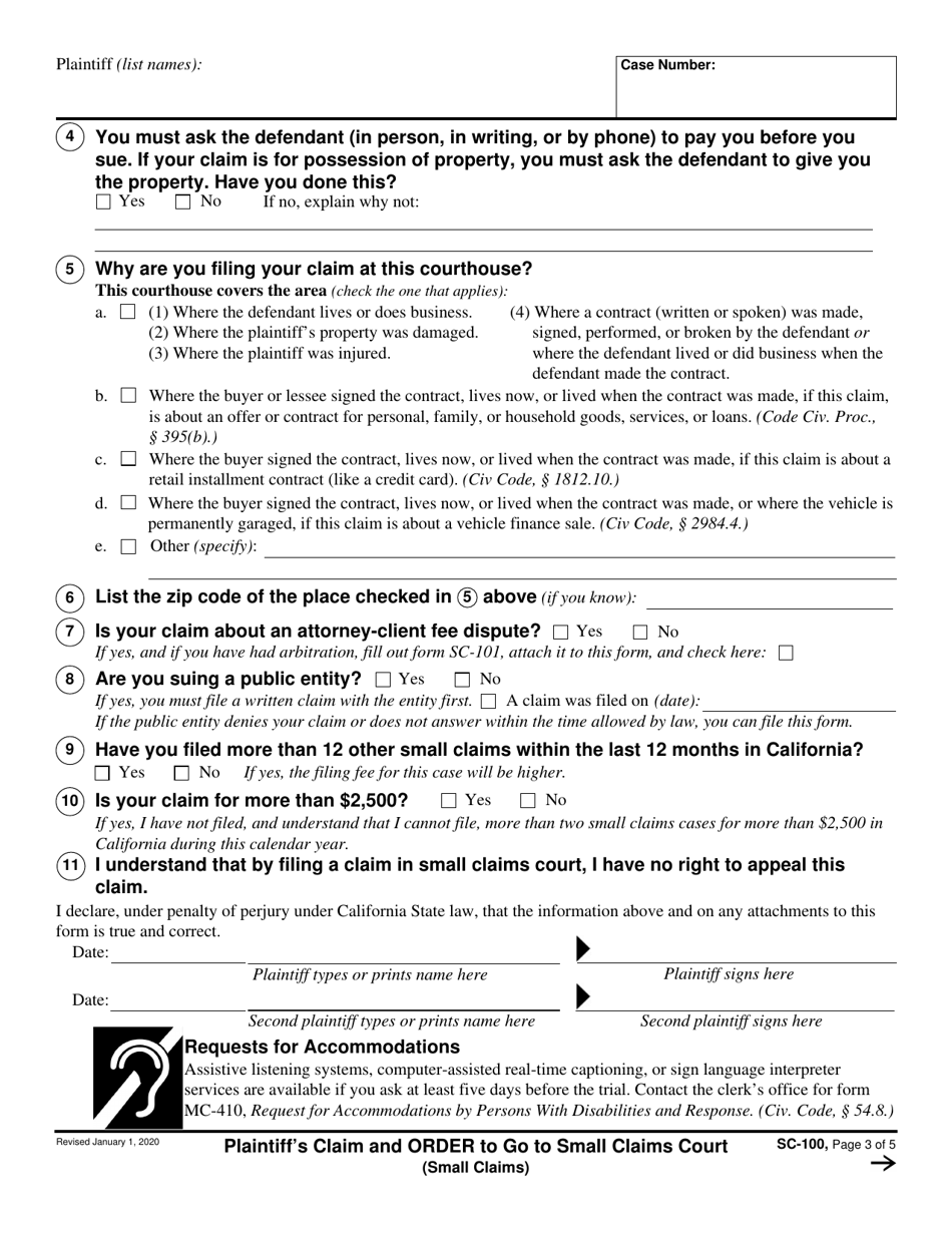 Form SC-100 Plaintiffs Claim and Order to Go to Small Claims Court - California (English / Spanish), Page 3
