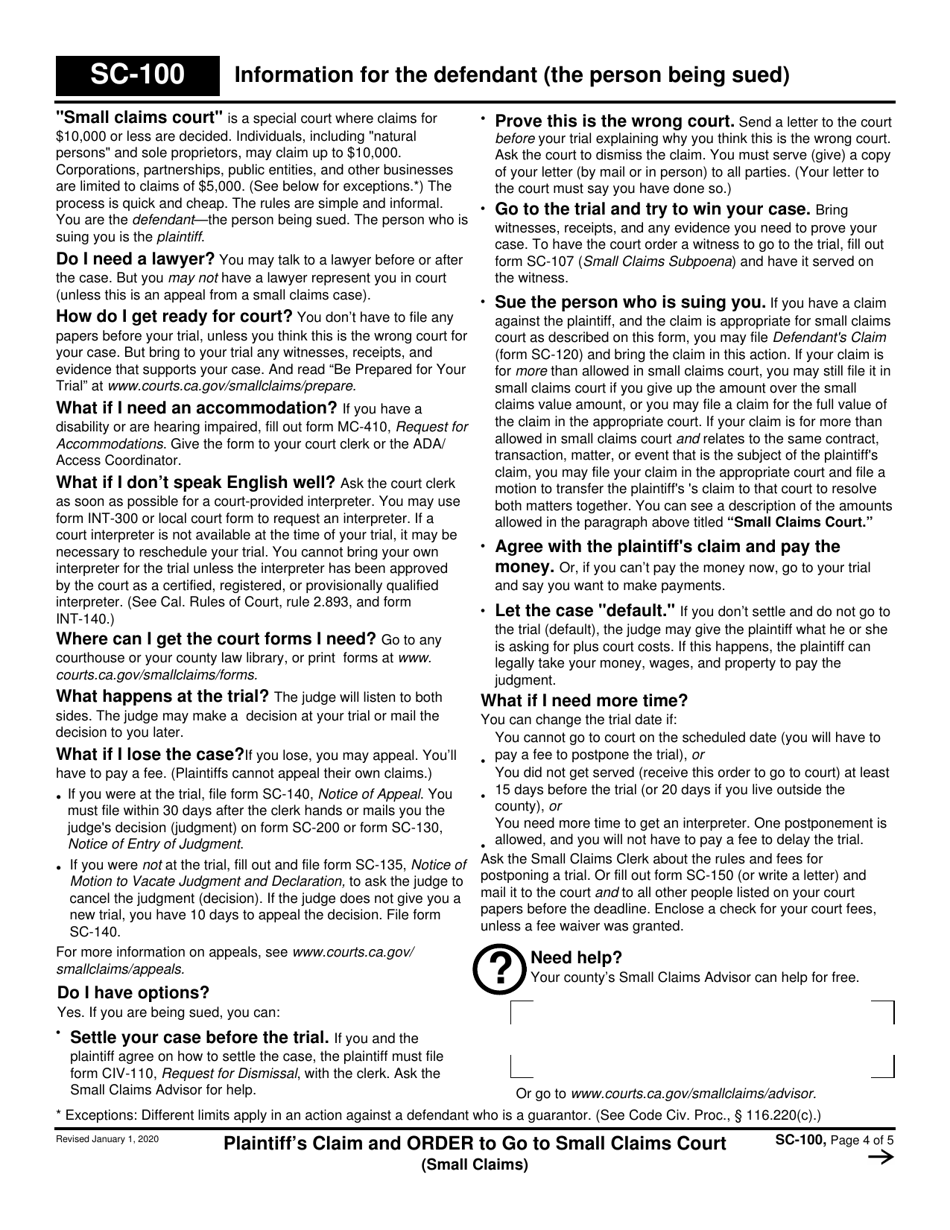 Form SC-100 Plaintiffs Claim and Order to Go to Small Claims Court - California (English / Spanish), Page 4