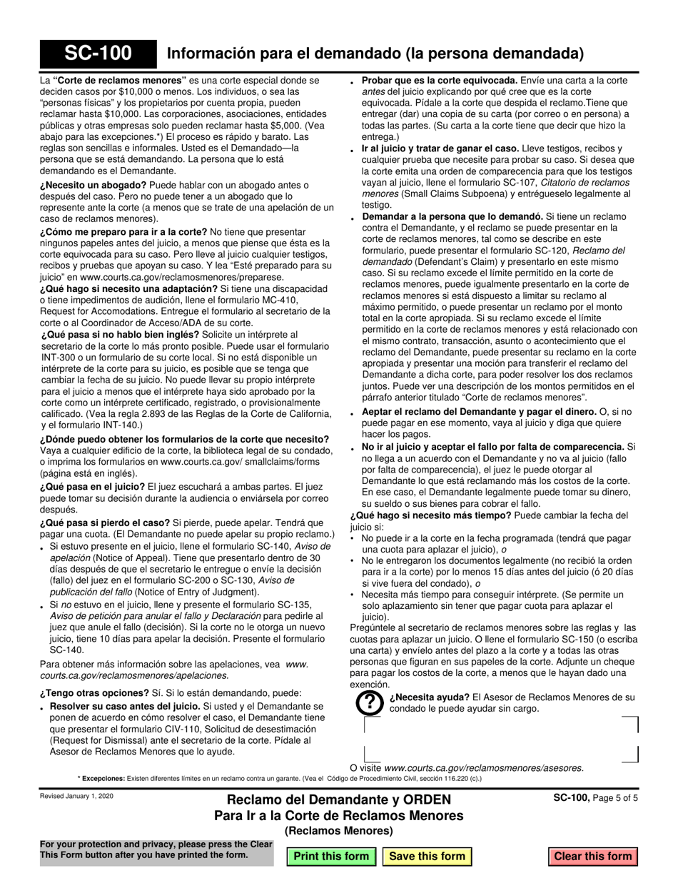 Form SC-100 Plaintiffs Claim and Order to Go to Small Claims Court - California (English / Spanish), Page 5