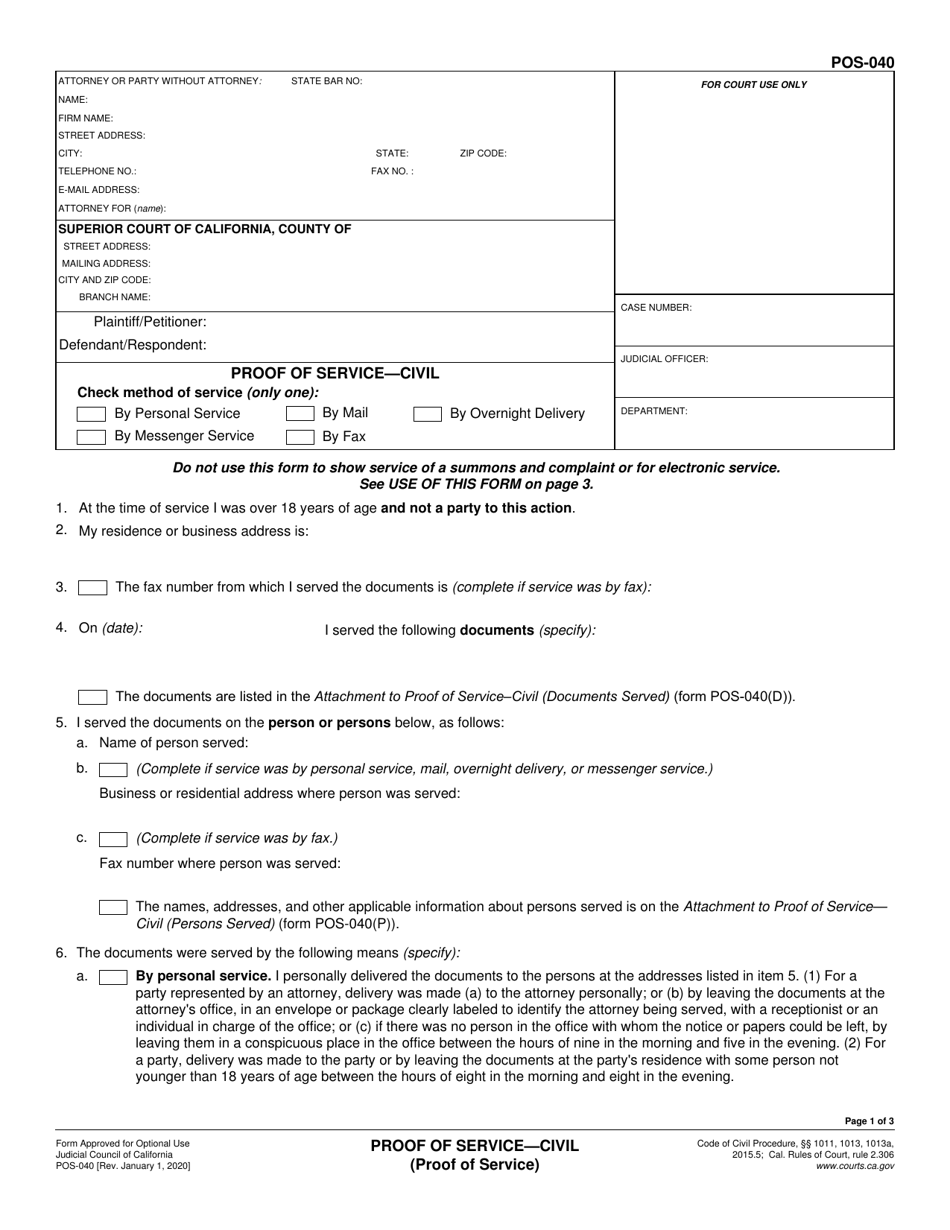 Form POS-040 Proof of Service - Civil - California, Page 1