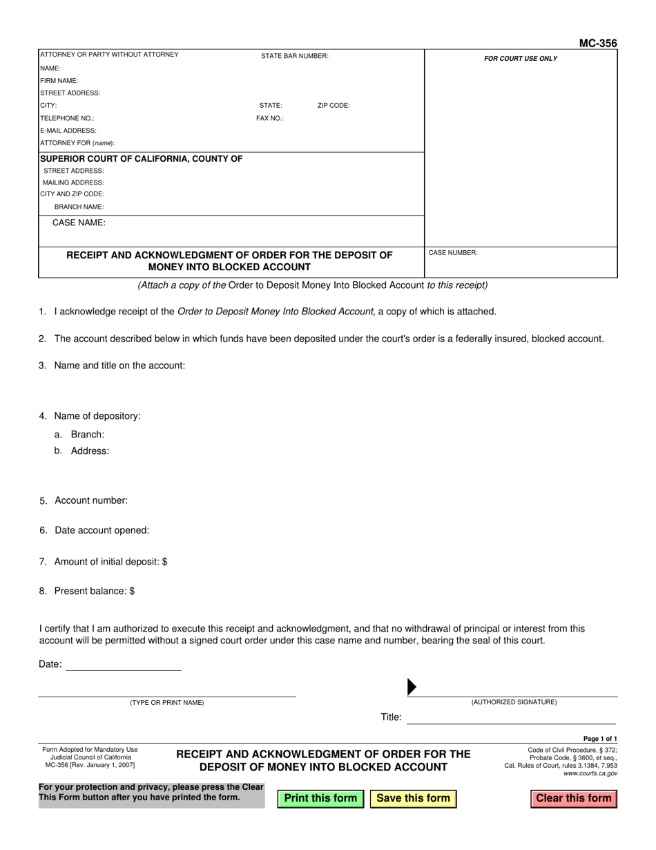 Form MC-356 Receipt and Acknowledgment of Order for the Deposit of Money Into Blocked Account - California, Page 1