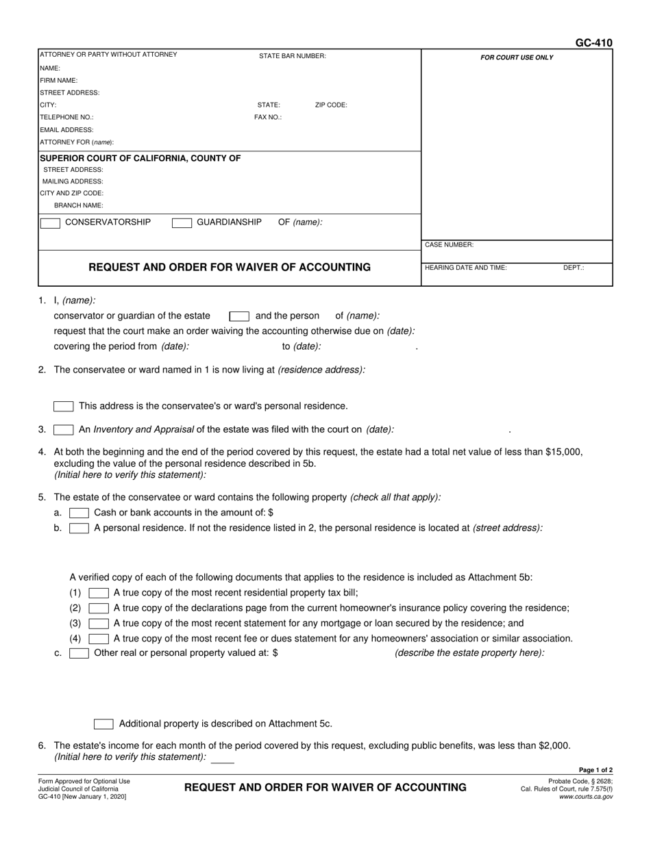 Form GC-410 Request and Order for Waiver of Accounting - California, Page 1