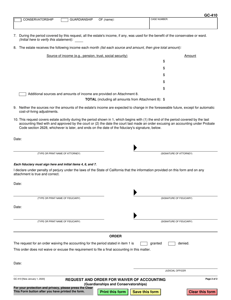 Form GC-410 Request and Order for Waiver of Accounting - California, Page 2
